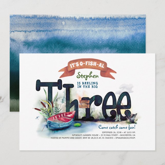 Turning 3 Fishing Themed Boys Birthday Invitation (Front/Back)