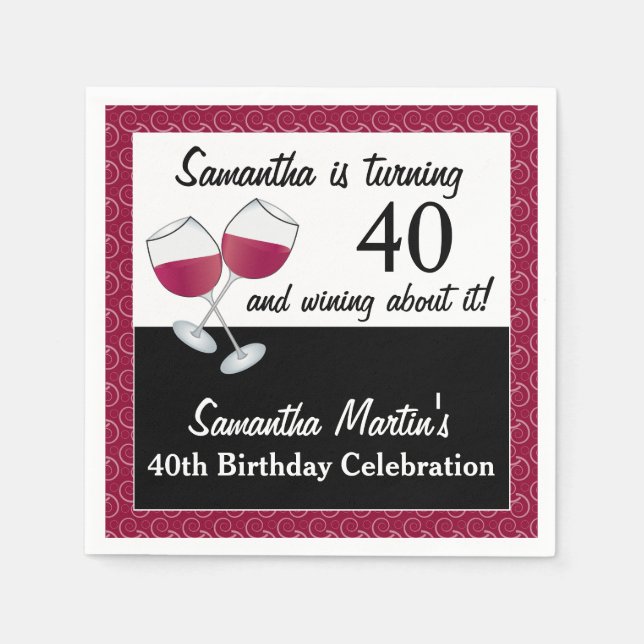 Turning 40 and Wining, Red Wine Birthday Party Napkin (Front)