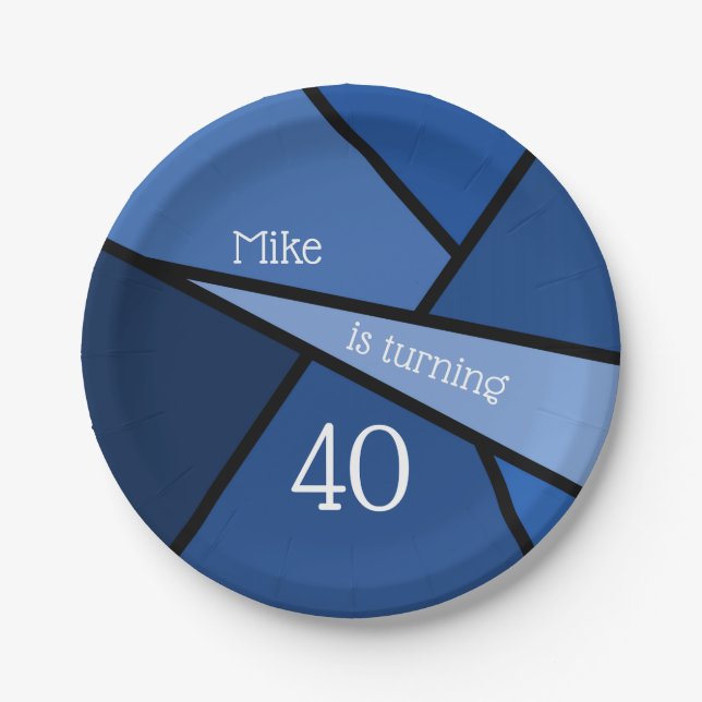 Turning 40 Modern Blue Geometric 40th Birthday Paper Plate (Front)