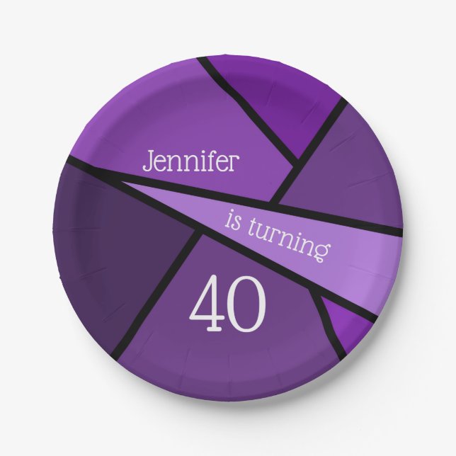 Turning 40 Modern Purple Geometric 40th Birthday Paper Plate (Front)