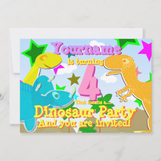 Turning 4 Cartoon Dinos Birthday Party Invitations
