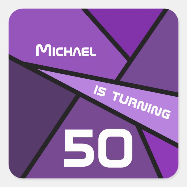 Turning 50 Purple Abstract Geometric 50th Birthday Square Sticker (Front)