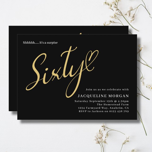 Turning 60 Black Gold 60th Birthday Invitation (Personalized black and gold 60th birthday party invitation on a light background)