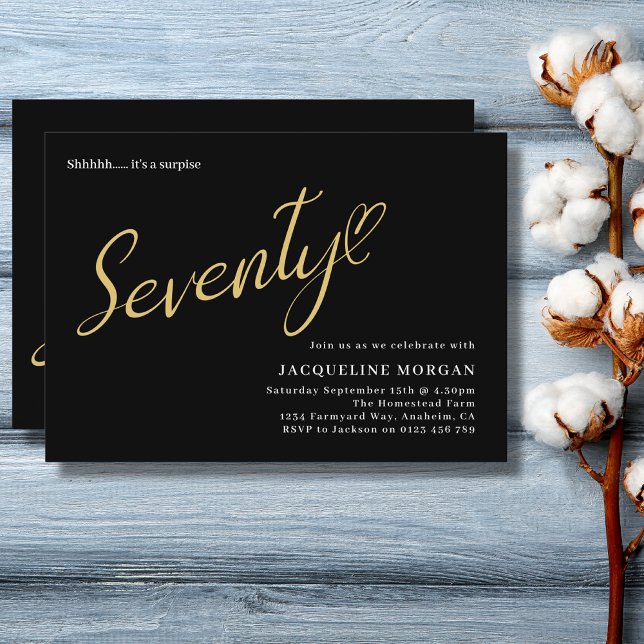 Turning 70 Black Gold 70th Birthday Invitation (70th birthday black and gold surprise birthday party invitation)