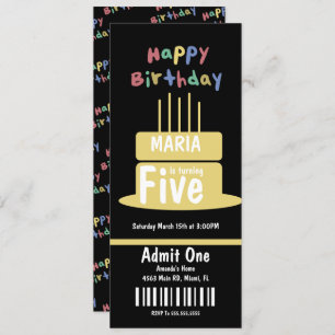 Turning Five Birthday Cake Ticket Party      Invitation