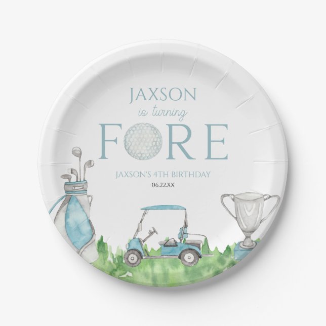 Turning Fore Blue Golf 4th Birthday Party Paper Plate (Front)
