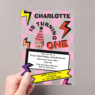 Turning One Birthday 1st Birthday Face Photo Acrylic Invitations