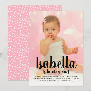 Turning One Black and Pink Girls Birthday Photo Invitation