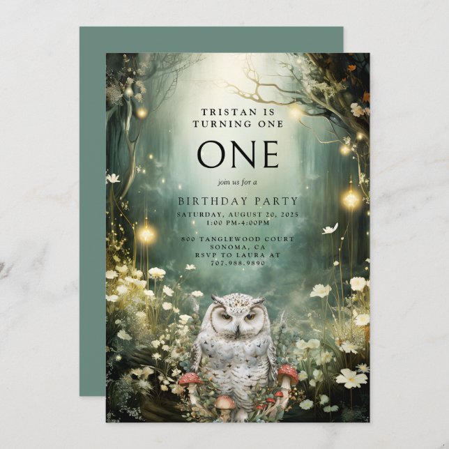 Turning One Enchanted Forest Owl 1st Birthday Invitation (Front/Back)