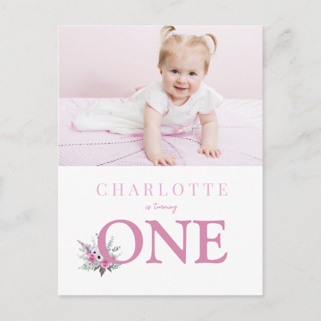 Turning ONE floral 1st Birthday invitation Postcard (Front)