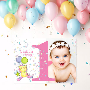 Turning One Pink Photo Birthday Invitation