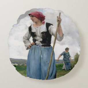 Turning the Hay (oil on canvas) Round Cushion