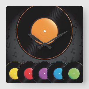 Turntable Records In Vivid Colours Square Wall Clock