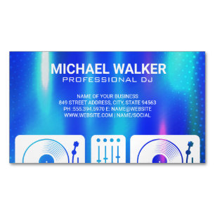 Turntables   DJ   Music   Blue Metallic Abstract Magnetic Business Card