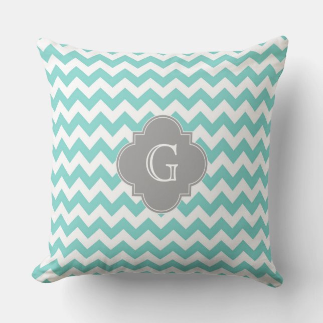 Turq / Aqua White Chevron Grey Quatrefoil Monogram Cushion (Front)