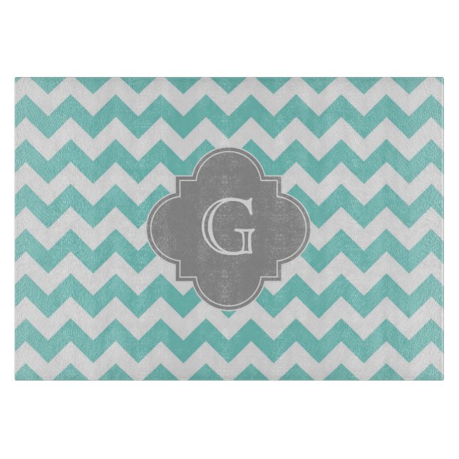 Turq / Aqua White Chevron Grey Quatrefoil Monogram Cutting Board (Front)