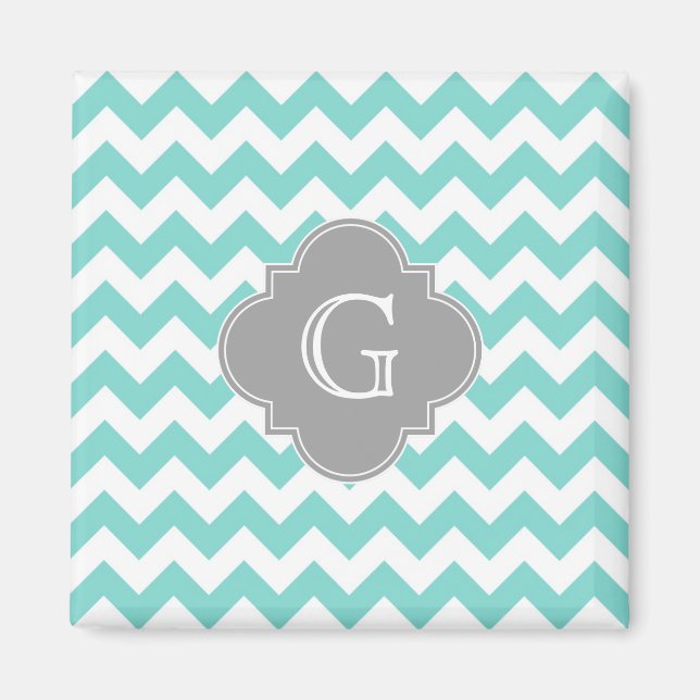 Turq / Aqua White Chevron Grey Quatrefoil Monogram Magnet (Front)