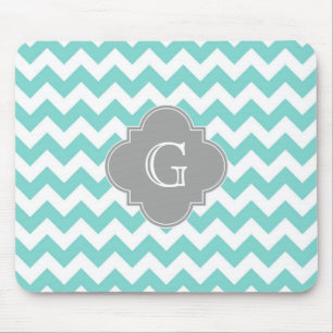 Turq / Aqua White Chevron Grey Quatrefoil Monogram Mouse Mat