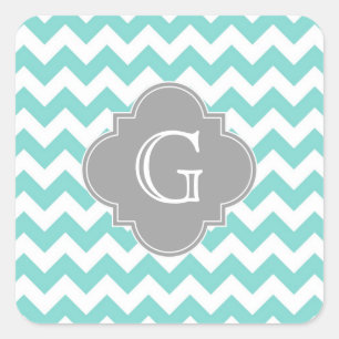 Turq / Aqua White Chevron Grey Quatrefoil Monogram Square Sticker