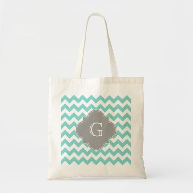 Turq / Aqua White Chevron Grey Quatrefoil Monogram Tote Bag (Front)