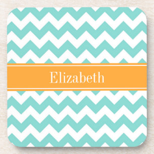 Turq / Aqua Wht Chevron Cantaloupe Name Monogram Coaster