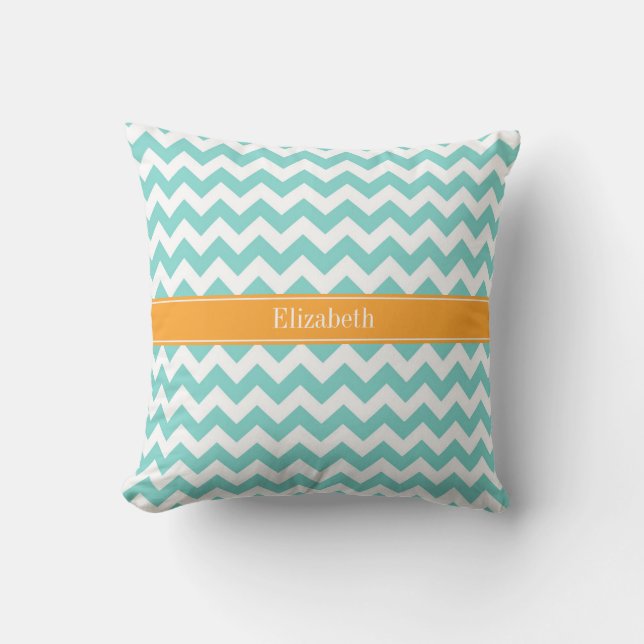 Turq / Aqua Wht Chevron Cantaloupe Name Monogram Cushion (Front)