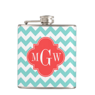 Turq Aqua Wht Chevron Coral Quatrefoil 3 Monogram Hip Flask