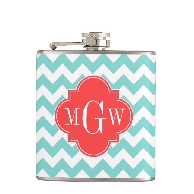 Turq Aqua Wht Chevron Coral Quatrefoil 3 Monogram Hip Flask (Front)