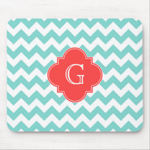 Turq / Aqua Wht Chevron Coral Quatrefoil Monogram Mouse Mat