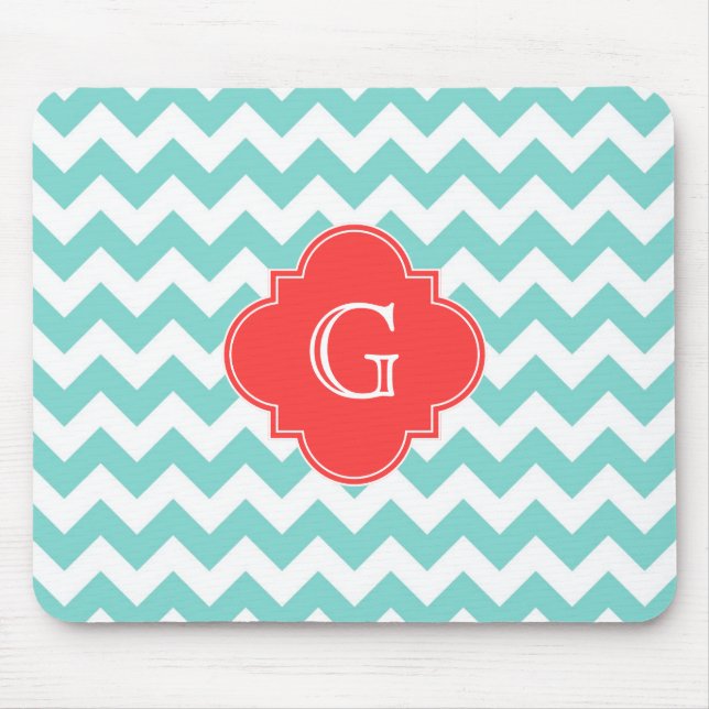 Turq / Aqua Wht Chevron Coral Quatrefoil Monogram Mouse Mat (Front)