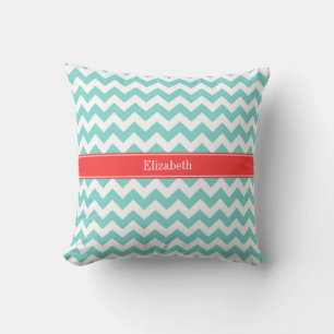 Turq / Aqua Wht Chevron Coral Red Name Monogram Cushion