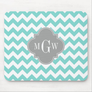 Turq / Aqua Wht Chevron Grey 3 Initial Monogram Mouse Mat