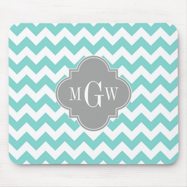 Turq / Aqua Wht Chevron Grey 3 Initial Monogram Mouse Mat (Front)