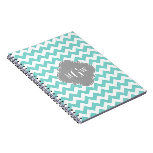 Turq / Aqua Wht Chevron Grey 3 Initial Monogram Notebook