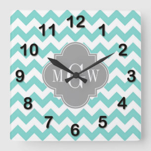 Turq / Aqua Wht Chevron Grey 3 Initial Monogram Square Wall Clock