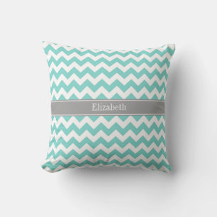 Turq / Aqua Wht Chevron Grey Name Monogram Cushion