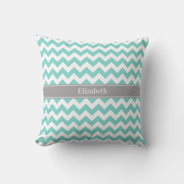 Turq / Aqua Wht Chevron Grey Name Monogram Cushion (Front)