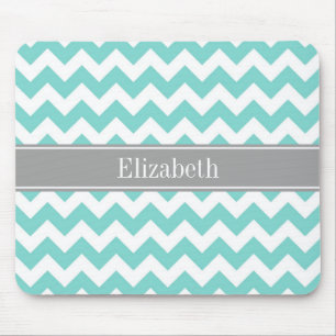 Turq / Aqua Wht Chevron Grey Name Monogram Mouse Mat