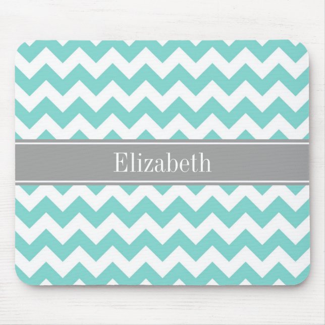 Turq / Aqua Wht Chevron Grey Name Monogram Mouse Mat (Front)