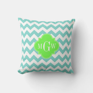 Turq / Aqua Wht Chevron Lime 3 Initial Monogram Cushion