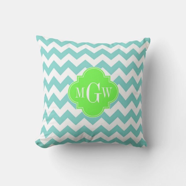 Turq / Aqua Wht Chevron Lime 3 Initial Monogram Cushion (Front)