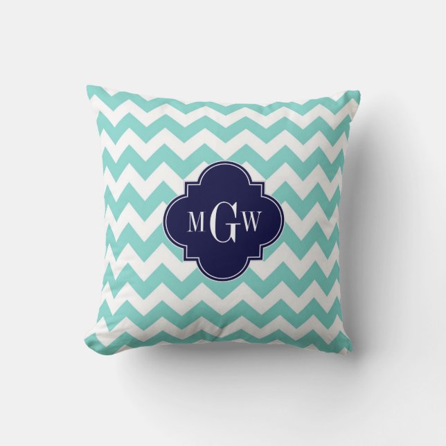 Turq / Aqua Wht Chevron Navy 3 Initial Monogram Cushion (Front)
