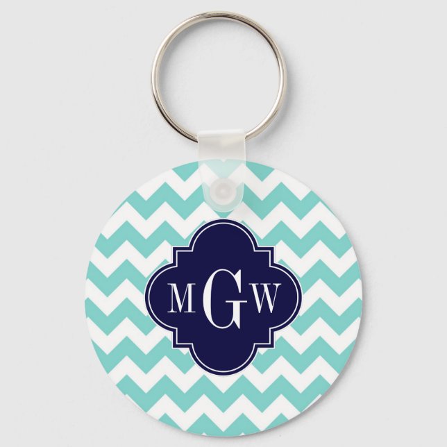 Turq / Aqua Wht Chevron Navy 3 Initial Monogram Key Ring (Front)