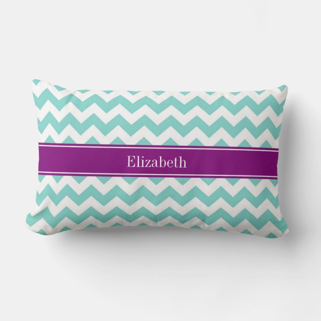 Turq / Aqua Wht Chevron Purple Name Monogram Lumbar Cushion (Front)