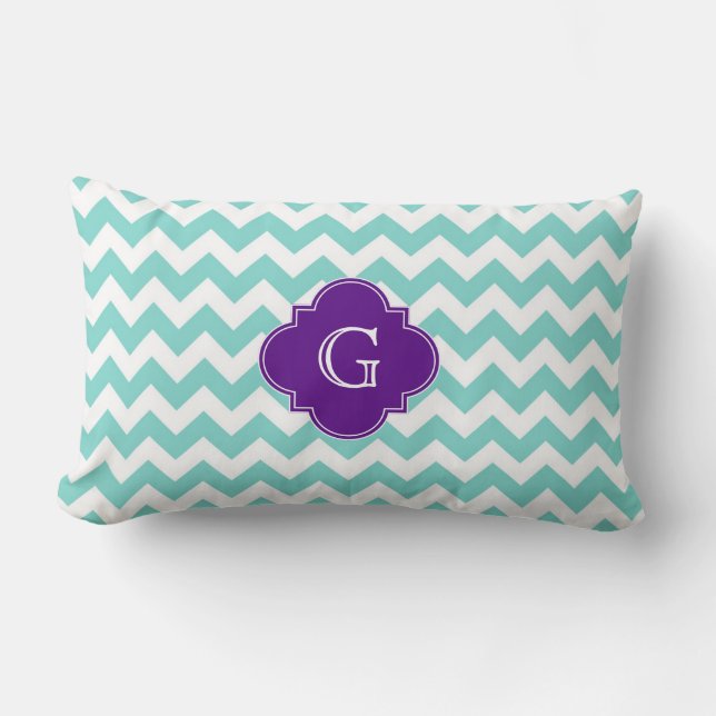 Turq / Aqua Wht Chevron Purple Quatrefoil Monogram Lumbar Cushion (Front)