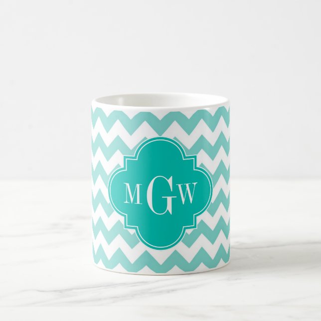 Turq / Aqua Wht Chevron Teal 3 Initial Monogram Coffee Mug (Center)