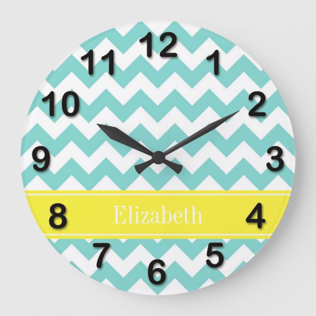 Turq / Aqua Wht Chevron Yellow Name Monogram Large Clock (Front)