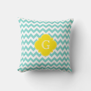 Turq / Aqua Wht Chevron Yellow Quatrefoil Monogram Cushion