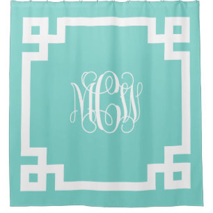 Turq Aqua Wt Vine Monogram DIY BG Greek Key Frame Shower Curtain