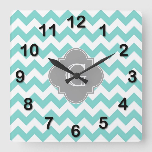 Turq v Aqua White Chevron Gray Quatrefoil Square Wall Clock (Front)